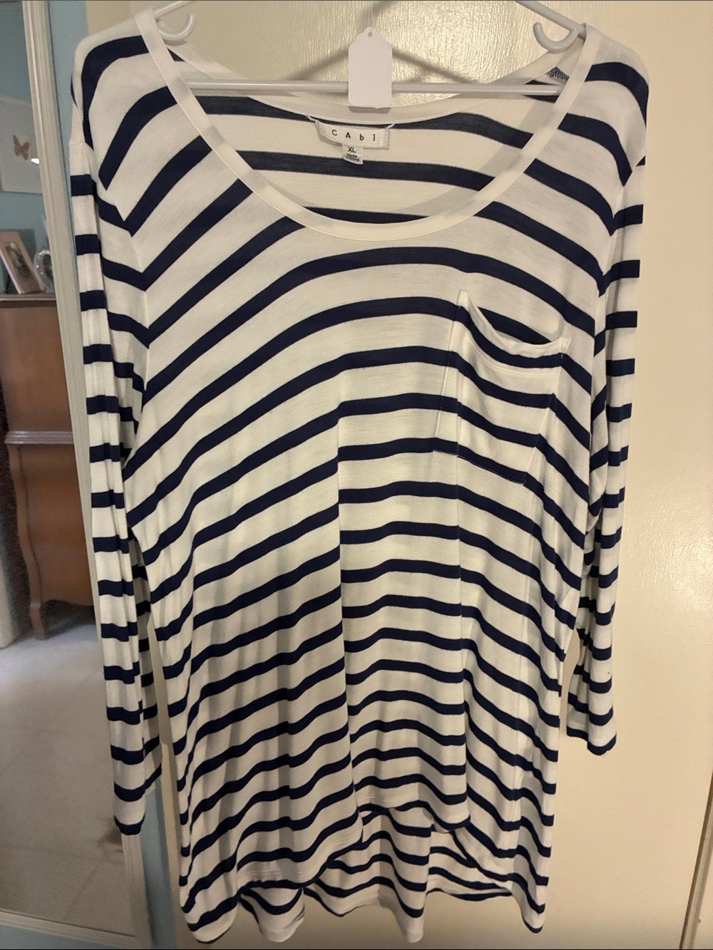 CAbi Navy & White Striped Long-Sleeve Pocket Top